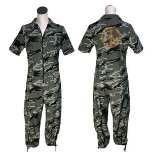 Y2K Funky Diva VTG Stretchy Camo Utility Jumpsuit 1/2 Zip Collared Women's XXL
